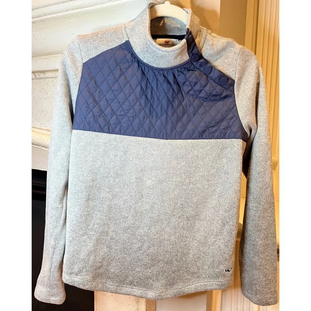 Vineyard Vines Women’s Mixed Media Quilted Pullover Navy Blue Grey Size Small